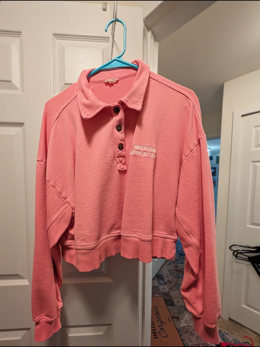 Anthropologie Weekend Brunch Club Light Pink Cropped Polo Sweatshirt